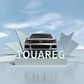 Modern Car Display Shelf With Geometric White Structure Showcasing Black Touareg In Open Exhibition Space