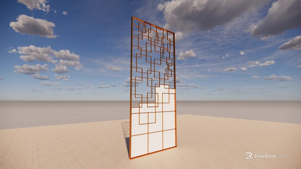 Modern Room Divider With Geometric Pattern Brown Frame And White Panels 3d model 