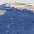 3D Terrain Model Featuring Brown Yellow Land Blue Water Areas And Linear Paths