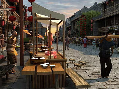 Ancient Architecture Traditional Street View With Red Lanterns Street Stalls Pedestrians In Traditional Clothing 3d model