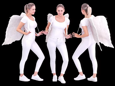 Woman In White Outfit With Large White Angel Wings From Three Angles 3d model