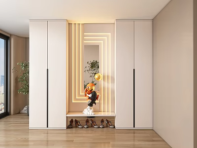Modern White Shoe Cabinet with LED Lighting Mirror and Storage for Home Interior Decor 3d model