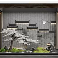 Traditional Chinese Feature Wall With Architectural Eaves Round Moon Cherry Blossom Tree And Greenery