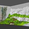 Indoor Landscape Design Featuring White Wavy Wall Green Moss Coverage Window And Side Plants Stones