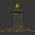 Decorative Stone Tower With Yellow Top And Square Base Covered In Moss And Fallen Leaves