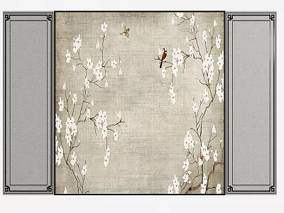 Traditional Chinese Style Bedroom Accent Wall With Flowers And Birds 3d model