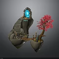 Floating Rock Structure With Stone Stairs Glowing Blue Device Wooden Bridge Red Tree And Torches