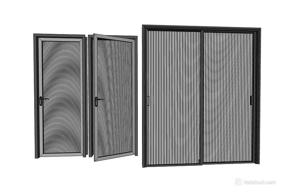 Stylish Swing Door with Mesh and Striped Design Black Frame Open Closed States 3d model 