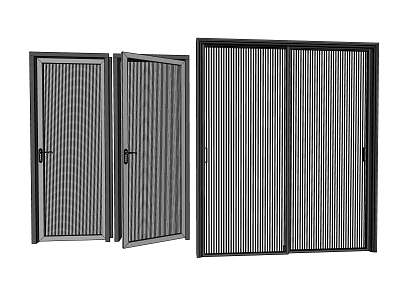 Stylish Swing Door with Mesh and Striped Design Black Frame Open Closed States 3d model
