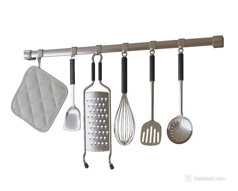 Hanging Kitchen Utensils Set With Pot Holder Spatula Grater Whisk And Slotted Spoon 3d model 