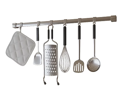 Hanging Kitchen Utensils Set With Pot Holder Spatula Grater Whisk And Slotted Spoon 3d model