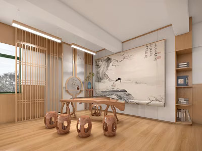 Chinese Style Piano Room Interior With Wooden Flooring And Landscape Painting 3d model