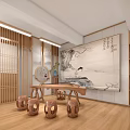 Chinese Style Piano Room Interior With Wooden Flooring And Landscape Painting