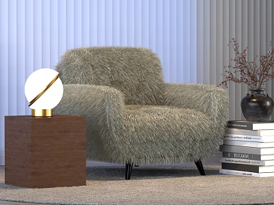 Globe Table Lamp On Wooden Side Table Next To Fluffy Chair With Books And Vase 3d model