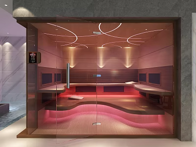 Modern Sauna Interior Design With Glass Door Wooden Benches And Ambient Lighting 3d model