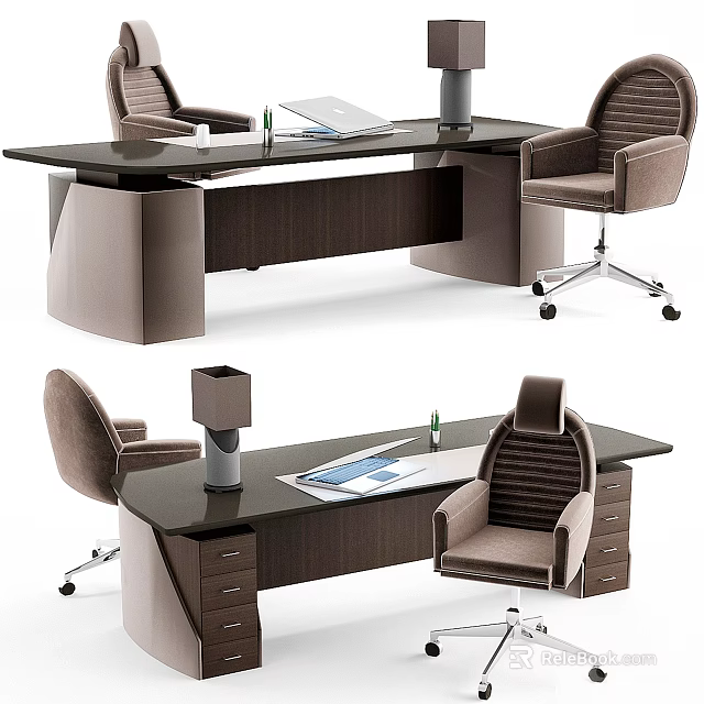 Modern Office Desk Interior Design With Glass Top Wooden Frame And Ergonomic Chair 3d model 