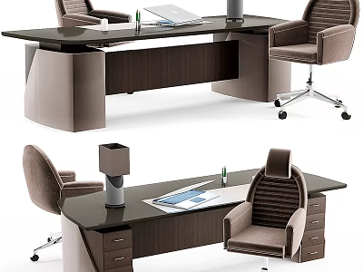 Modern Office Desk Interior Design With Glass Top Wooden Frame And Ergonomic Chair 3d model