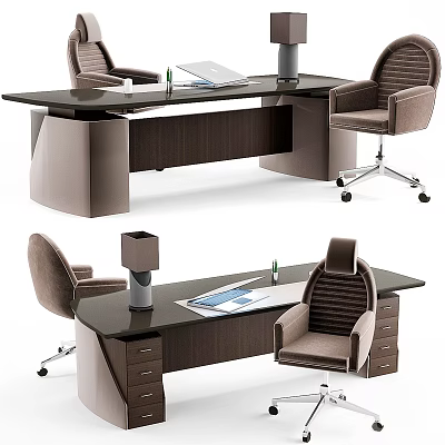 Modern Office Desk Interior Design With Glass Top Wooden Frame And Ergonomic Chair 3d model