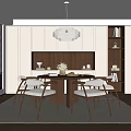 Minimalist Restaurant Interior With Wooden Dining Table Chairs Pendant Light And Window Blinds