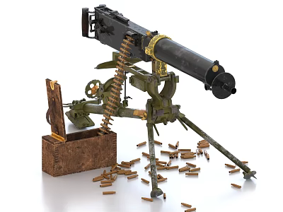 Military Weapon Heavy Machine Gun with Tripod Wooden Crate and Scattered Bullets 3d model
