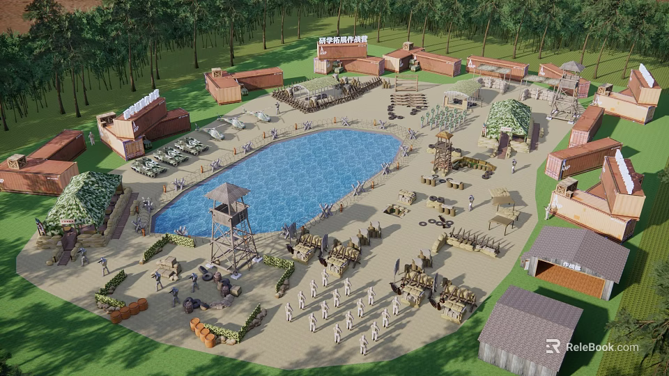 Outdoor Activity Area With Large Blue Pool Red Roofed Buildings People And Surrounding Trees 3d model 