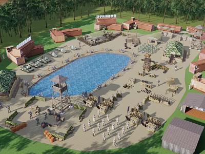 Outdoor Activity Area With Large Blue Pool Red Roofed Buildings People And Surrounding Trees 3d model