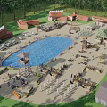 Outdoor Activity Area With Large Blue Pool Red Roofed Buildings People And Surrounding Trees