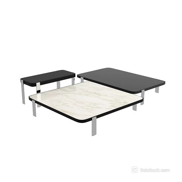 Modern Coffee Table Set With Marble Top Black Frame And Silver Metal Legs 3d model 