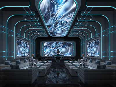Futuristic Modern KTV Interior With Blue Lighting Large Screens And Comfortable Sofas 3d model