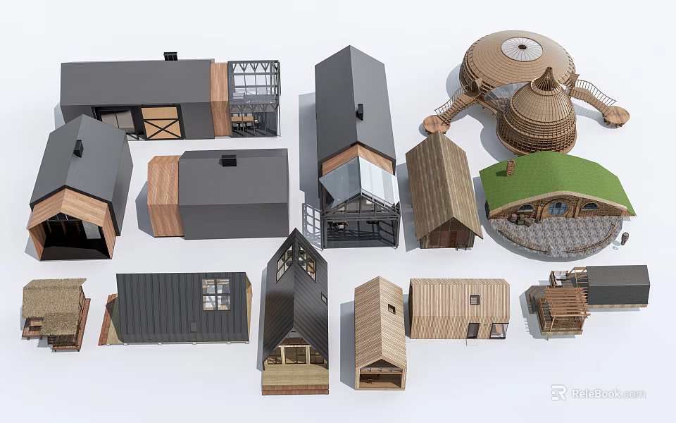 Diverse Homestay Building Designs Featuring Wooden Structures Gabled Roofs And Modern Styles 3d model 