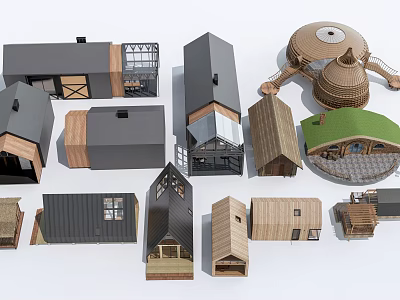 Diverse Homestay Building Designs Featuring Wooden Structures Gabled Roofs And Modern Styles 3d model