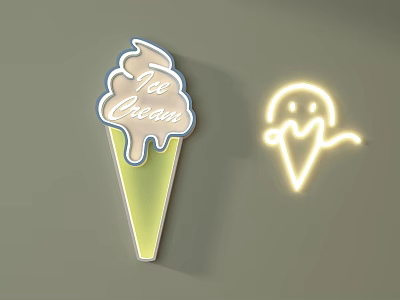 Dessert Shop Featuring Ice Cream Neon Sign Green Cone And Smiley Design 3d model