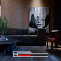 Modern Dark Grey Sofa And Round Coffee Table Set With Green Plant And Wall Art