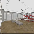 Boutique Interior Design with Display Shelves Chandeliers Herringbone Wooden Floor and Comfortable Sofas