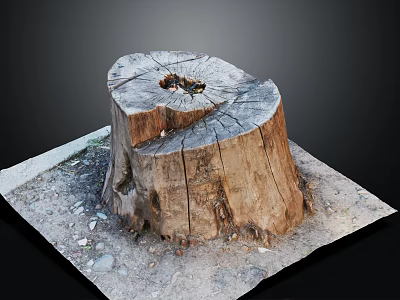 Natural Wooden Stump With Ring Patterns And Cracked Surface On Square Stone Slab Base 3d model