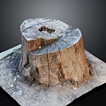 Natural Wooden Stump With Ring Patterns And Cracked Surface On Square Stone Slab Base 3d model
