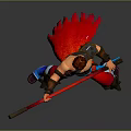 Shirtless red haired man holds long red staff in dynamic combat stance wearing red pants