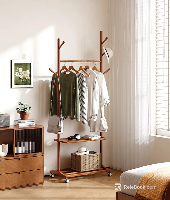 Wooden Coat Rack Hanging Clothes Hat Bag With Books Plant Near Bookshelf Painting Window Blinds 3d model 