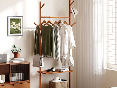 Wooden Coat Rack Hanging Clothes Hat Bag With Books Plant Near Bookshelf Painting Window Blinds 3d model