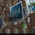 Wooden Bookshelf With Books And Hanging Photos Of World Map And Architectural Views