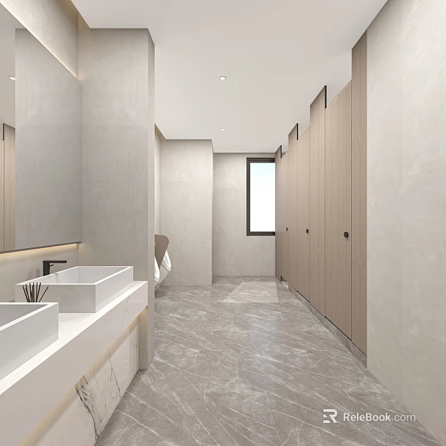 Modern Public Toilet Interior Design With White Sinks Marble Flooring And Stalls 3d model 