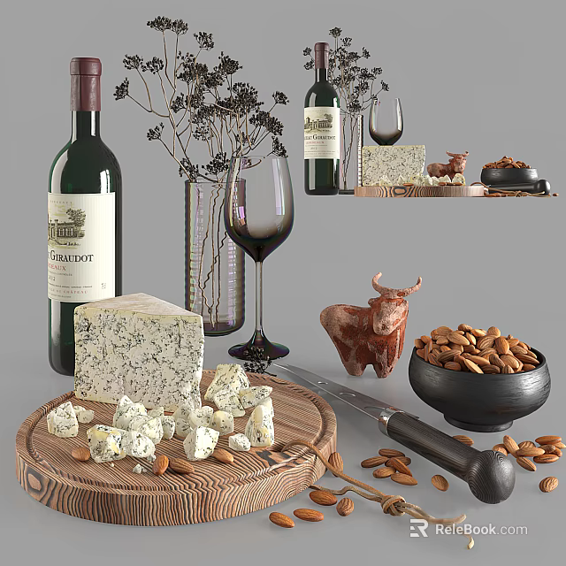 Delicious Blue Cheese Almonds With Red Wine Bottles Glasses On Wooden Board 3d model 