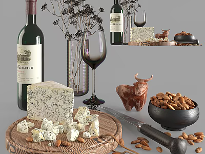 Delicious Blue Cheese Almonds With Red Wine Bottles Glasses On Wooden Board 3d model