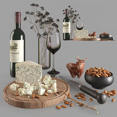 Delicious Blue Cheese Almonds With Red Wine Bottles Glasses On Wooden Board 3d model