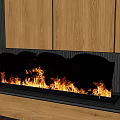 Modern Fireplace Interior Design With Wooden Cabinets Vertical Striped Wall And Flames