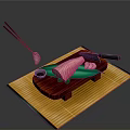 Fresh Sushi Served on Wooden Cutting Board with Chopsticks Soy Sauce Dish and Bamboo Mat