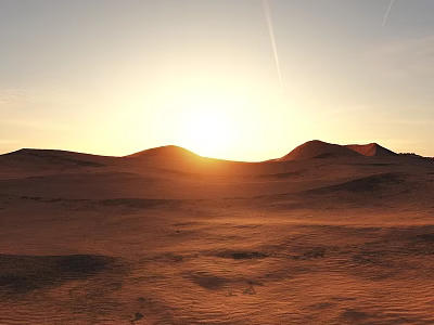 Golden Desert Sunset Landscape With Shining Sun Over Rolling Sand Dunes And Clear Sky 3d model