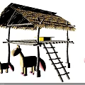 Traditional Thatched Roof Hut Structure With Wooden Frame Ladder And Straw Horses