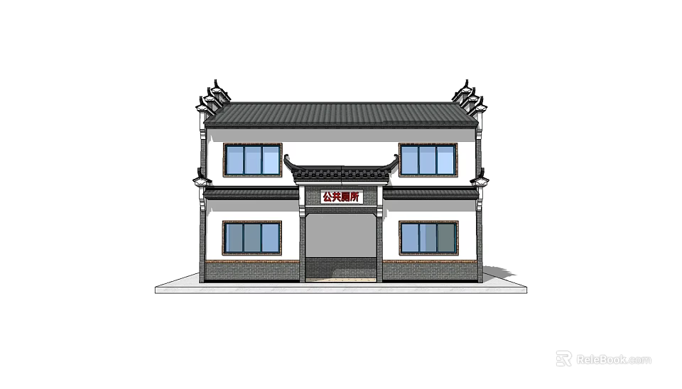 Traditional Chinese Architecture With Classic Eaves Black Roof White Walls And Wooden Door 3d model 