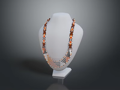 Fashionable Layered Necklace with Orange Black Geometric Pattern Displayed on White Mannequin Stand 3d model